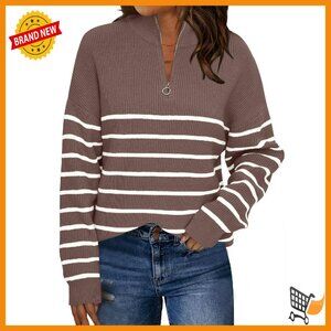 Oversized Quarter Zip Sweater Mock Turtleneck Striped Pullover